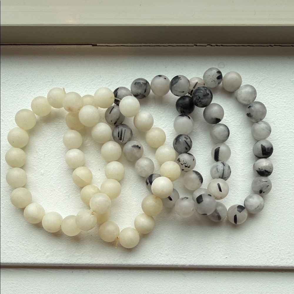 Matte White and Black Marbled Stone Bead Bracelets - Set of 4.bombshell beads